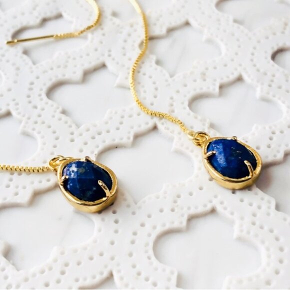 Natural Lapis Lazuli Oval Egg Shape Threader Delicate Gold Earrings - Picture 2 of 5